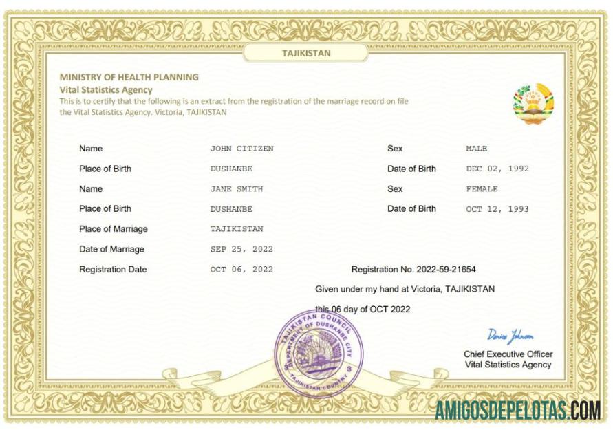 Em branco modelo Word e PDF de certidão de casamento no Tadjiquistão